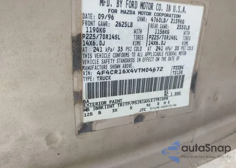 1997 Mazda B4000 Cab Plus z USA, uszkodzony, nr VIN 4F4CR16X4VTM04672